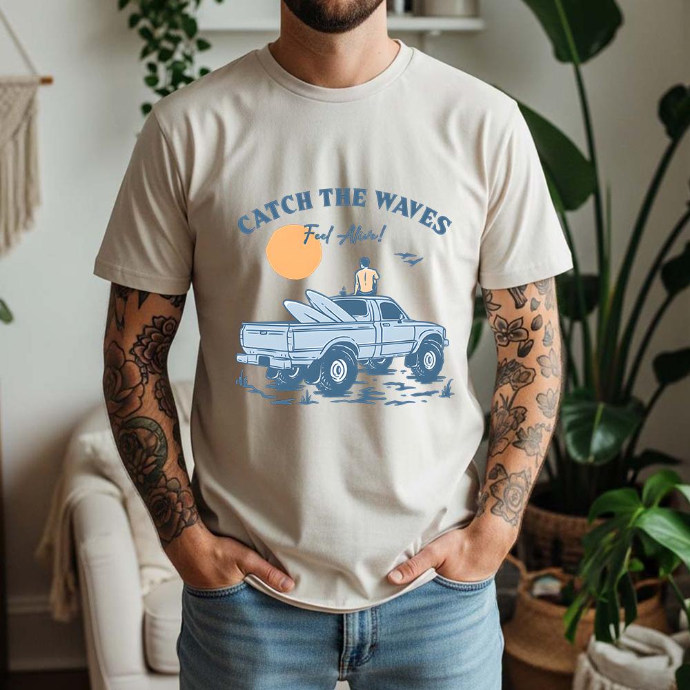 2026 Summer 100 Cotton Catch The Waves Graphic Oversized Tee Surf Pickup Summer Casual Themed Short Sleeve