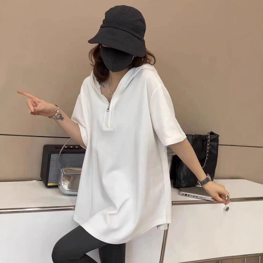 

Women s European-Style Half-Zip Hooded Short-Sleeve T-Shirt, 2023 Summer Loose Fit, Versatile Mid-Length Plus Size Top. Medium армія зелений колір