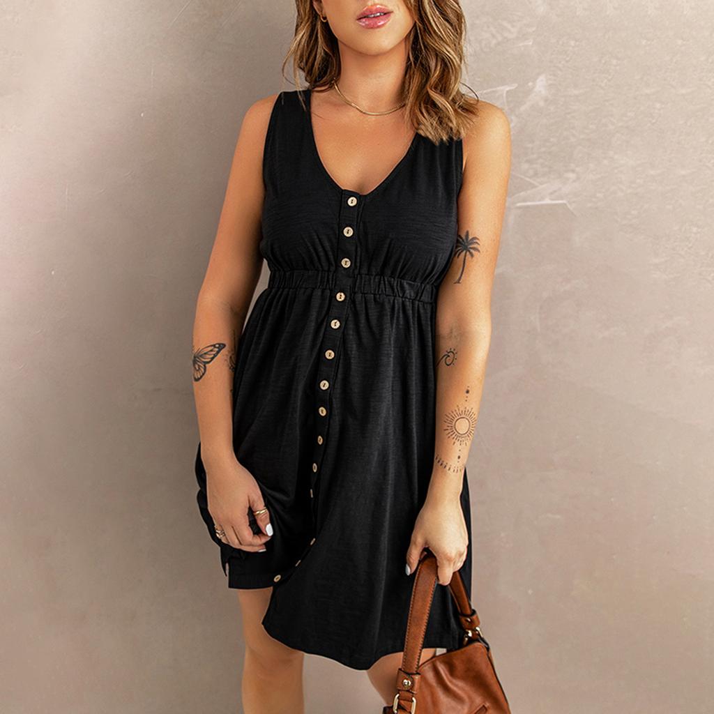 Women's Casual V Neck Sleeveless Button Down Dress Summer Elastic Waist A-Line Swing Tank Dresses