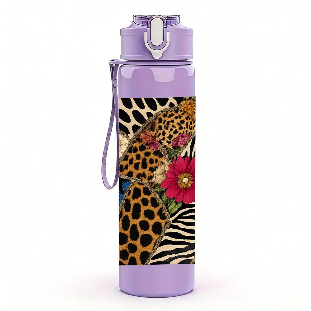 1 PZ Borraccia Sportiva in Plastica da 750 ml con Texture Animalier Floreale, Tappo Flip con Cannuccia Anti-Goccia per Sport, Ufficio, Uso Domestico