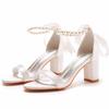 7 Cm Thick Heel Shallow Mouth One-length Strip Square Heel Sandals Silk Satin Cloth Beaded Bride Wedding Banquet Long Skirt Sandals Women