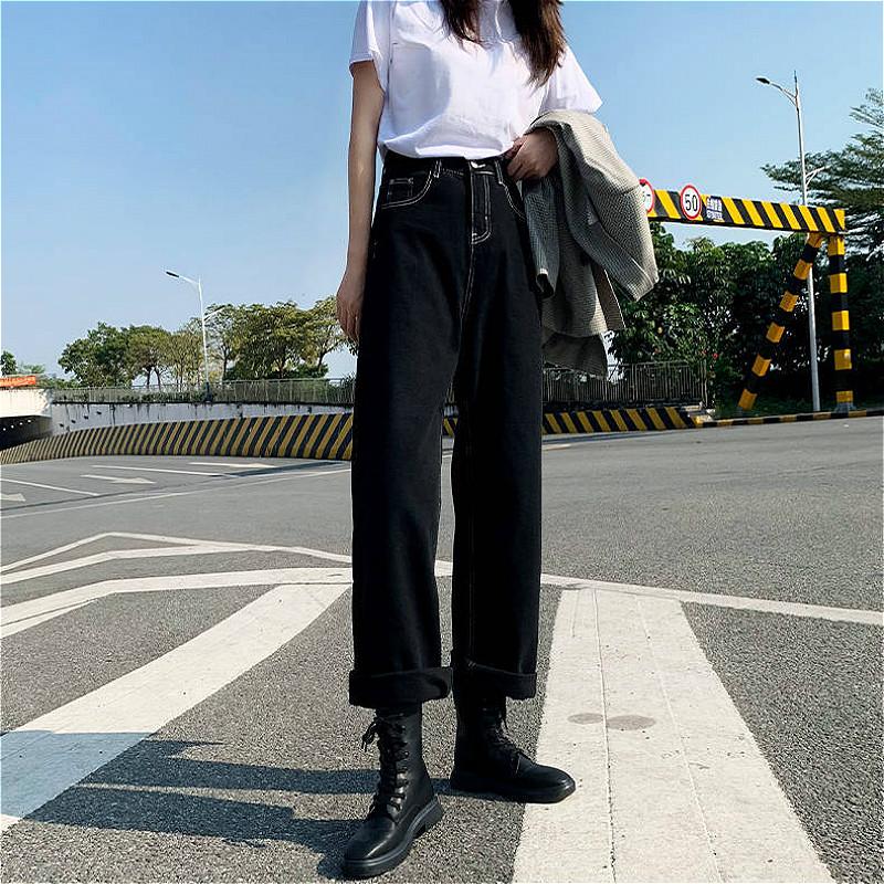 Jeans Donna All-match Pantaloni stile coreano Denim Vintage Nero Solido Vita alta Autunno Baggy Chic Street Casual