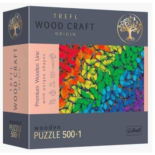 Trefl - Puzzle en Bois, Papillons Arc-en-Ciel - 500+1 Pièces, Artisanat en Bois, Formes Irrégulières, 50 Figures