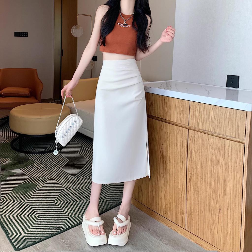 Gefalteter High-Waist A-Linien Bodycon Midi-Rock mit Schlitz für Damen 2025