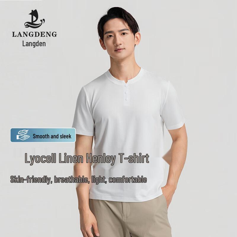 Langdeng Men s Tencel-Linen Henley T-Shirt XL белый