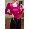 Women Square Neck Long Sleeve Slim Fitted Solid Color T Shirt Casual Basic Top