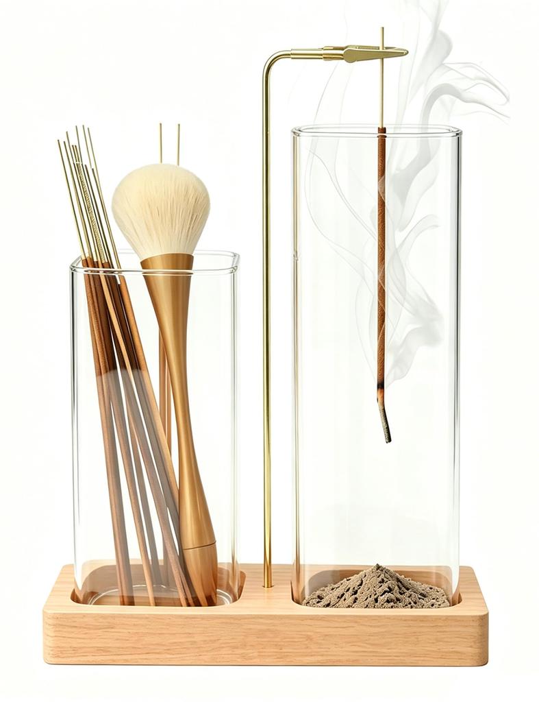 Incense Stand, Ash-Free, Hanging Type, Stylish, Wooden, Square Base, Stable, Ash-Splash Prevention Glass Cover, Candle Compatible, for Meditation, Stu