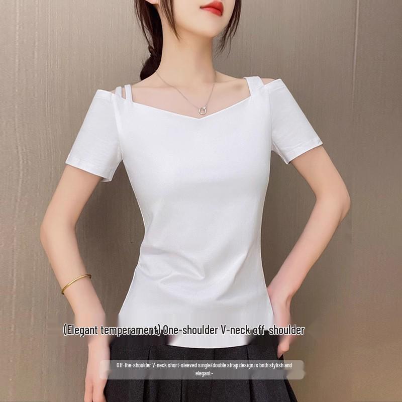

Women s Pure Cotton One-Shoulder Short-Sleeve T-Shirt, Stylish Backless Design with Single/Double Straps, Slimming Fit, 2025 Summer Collection M
