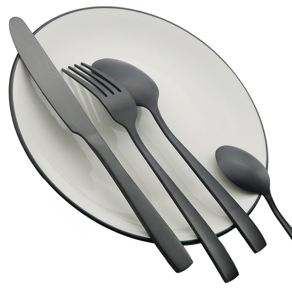 16 ks Černá matná sada nádobí Sada příborů z nerezové oceli Sada příborů Nůž Vidlička Lžíce Sada příborů Dezertní příbory Kuchyňka