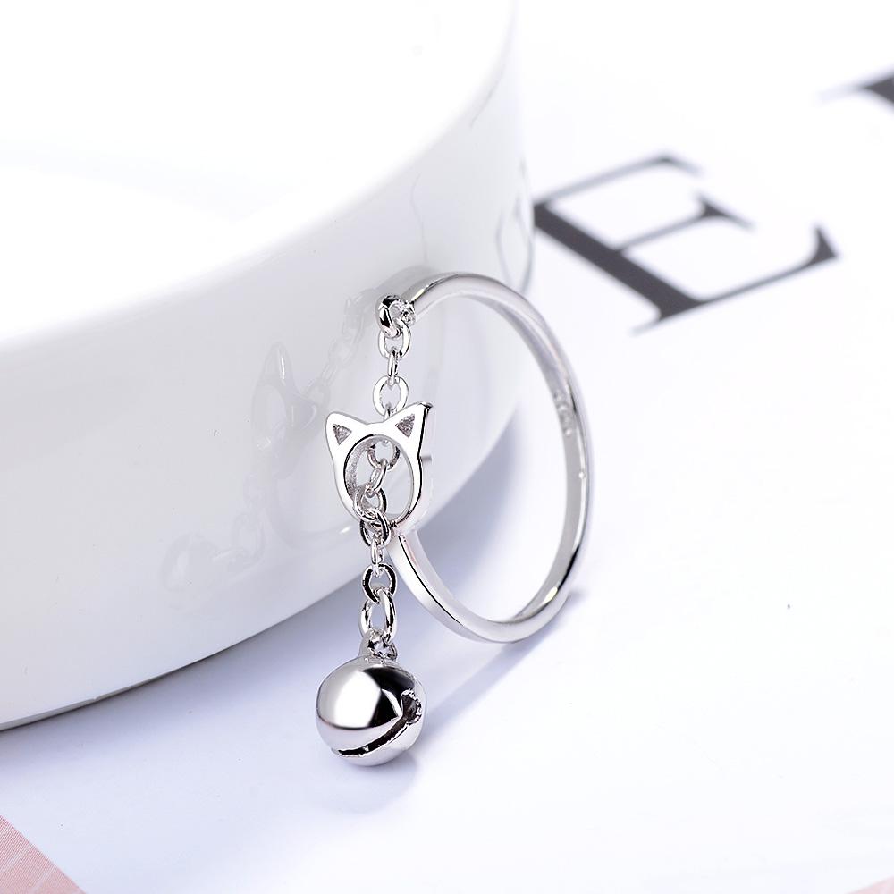 925 Silver New Cute Simple Fashion Cat Head Chain Dangler Bell Ring Unique Opening Adjustable Statement Jewelry For Women