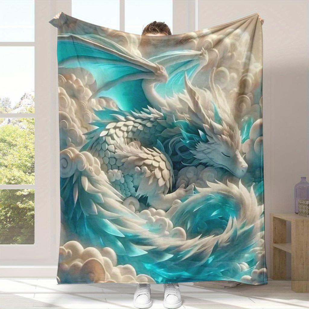 Dragon Lying on Clouds Printed Flannel Blanket, Digital Printing, Suitable for All Seasons, Multi-purpose, Stylish Design, Birth