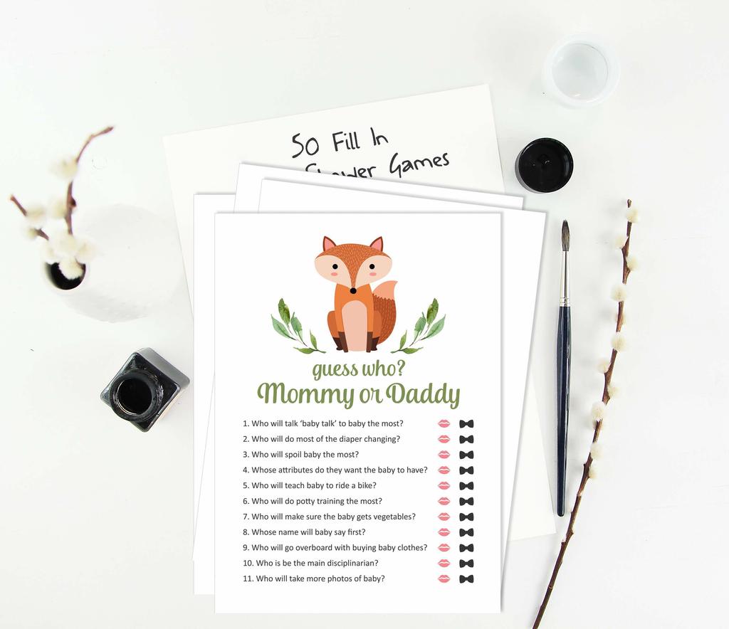 Inkdotpot Who Said it Game Mommy Or Daddy 50 Sheet Fun Baby Shower Game Gender Neutral Fox Animal Party Supply