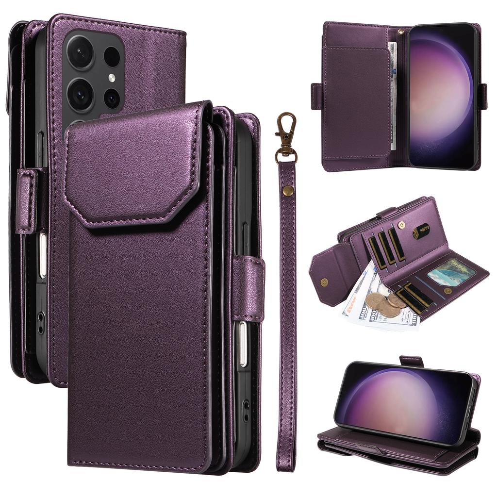 For Samsung Galaxy S24 Ultra Case with Multi-Card Holder and Strap PU Leather Phone Cover Stand