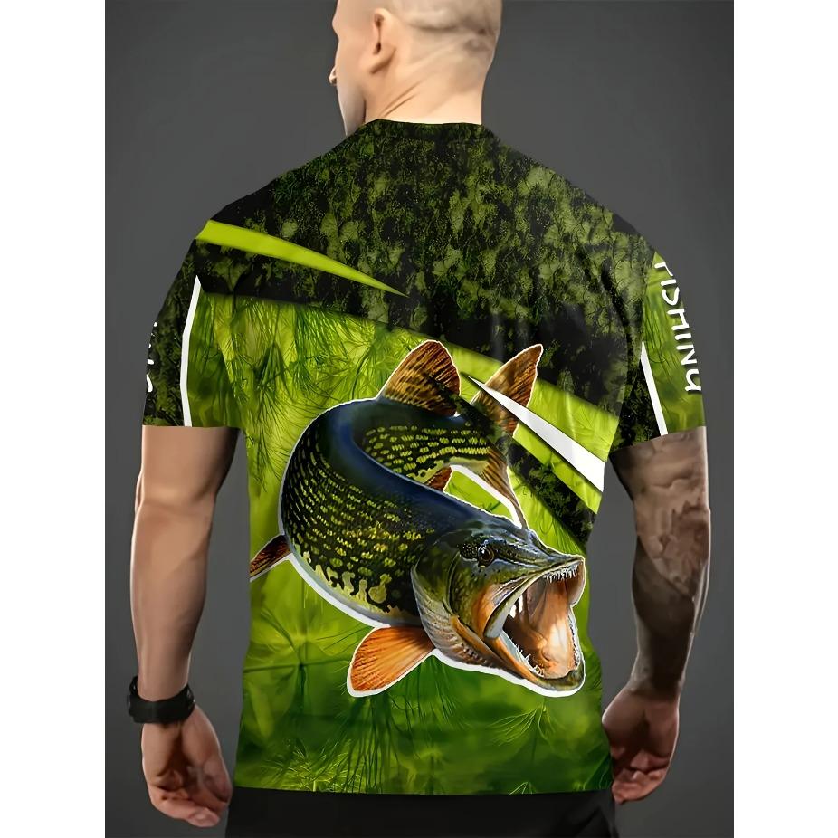 Mens Vibrant Fish Print Casual T-Shirt - Breathable Slight Stretch Polyester Crew Neck Tee for Outdoor Perfect for Summer