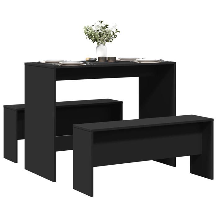 VidaXL Ensemble table à manger et bancs 3 pcs noir bois d'ingénierie, ensemble de table à manger, table à manger avec bancs, 855531