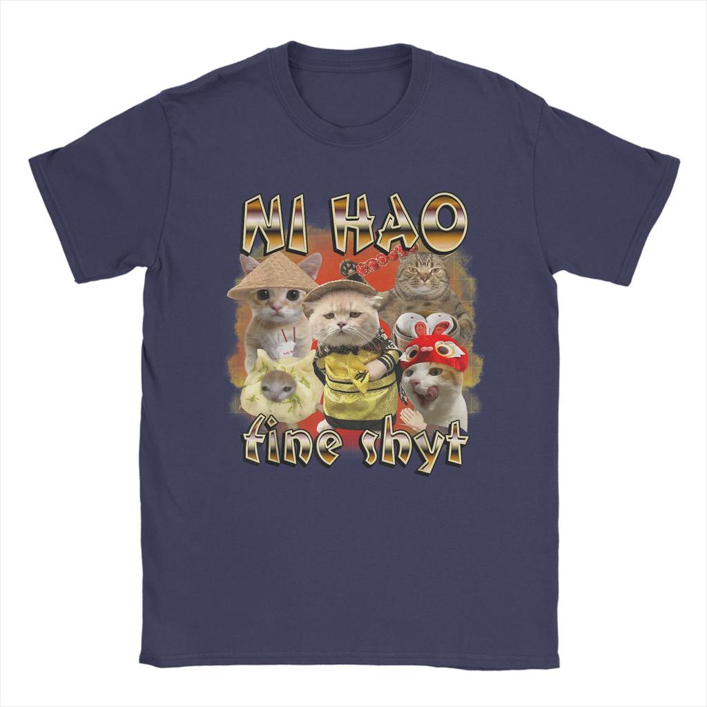 Men's T-Shirt Ni Hao Fine Shyt Funny Brainrot Meme Funny 100% Cotton Tee Shirt Short Sleeve Cute Cat T Shirts Clothing Graphic