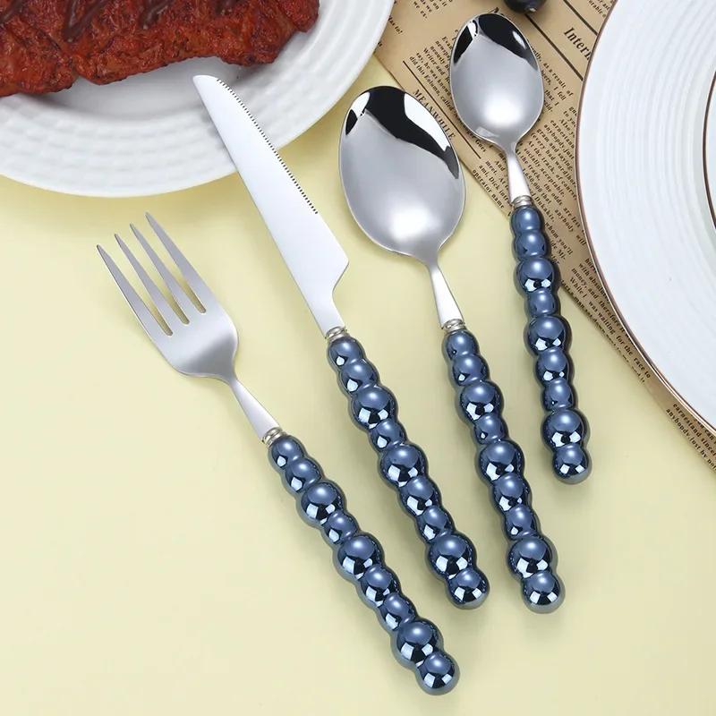 4Pcs Gold Dinnerware Set Stainless Steel Cutlery Knife Tea Fork Coffee Spoon Pearl Ceramic Handle Flatware Utensils for Kitchen