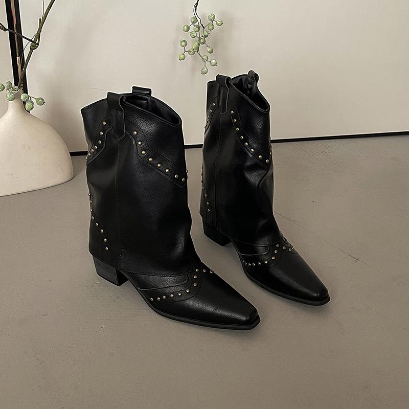 Fashion pointed leather boots thick heel temperament Martin boots retro European and American western cowboy boots rivet cigarette pipe boots pants