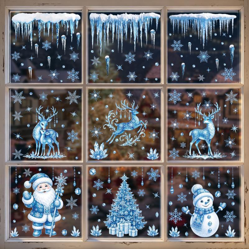 Blue Christmas Window Static Clings With Santa Snowman Reindeer Patterns For Home Xmas Party Decorations
