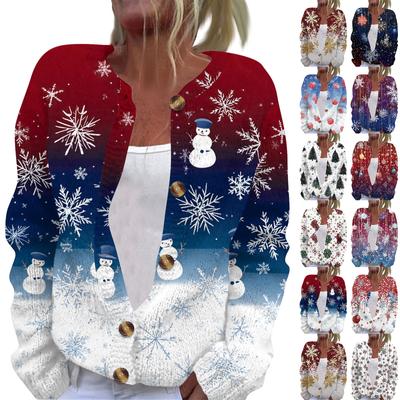 Women's Fashion Christmas Printed Long Sleeve Knitted Cardigan Button Down Jacket