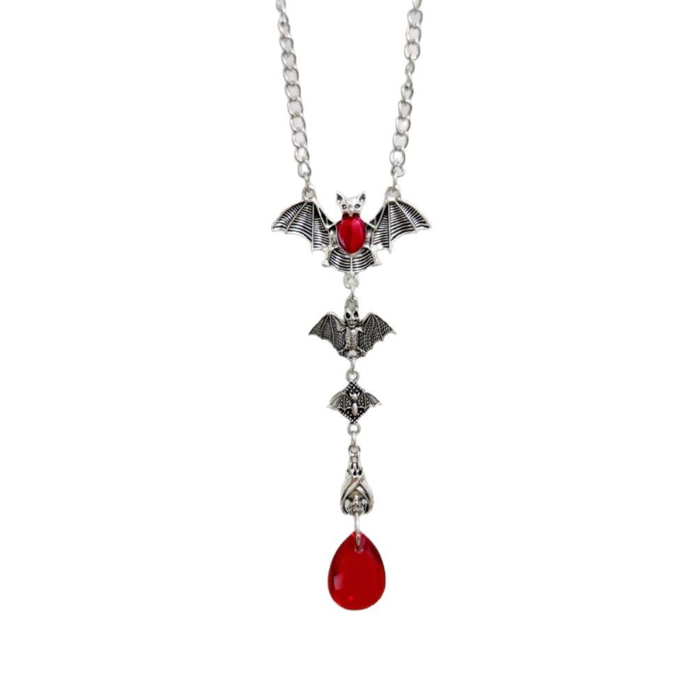 Gothic Exaggerated Sliver Color 4 Vampire Bats Red Teardrop Glass Crystal Pendant Necklace for Men Women Halloween Party Jewelry