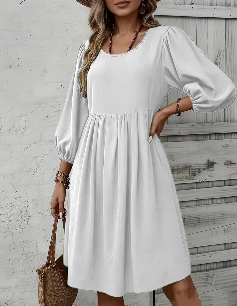 

French Style Resort Dress: Spring/Summer 2026, Solid Color, Round Neck, Long Sleeve, Cotton-Polyester Mid-Length. Small