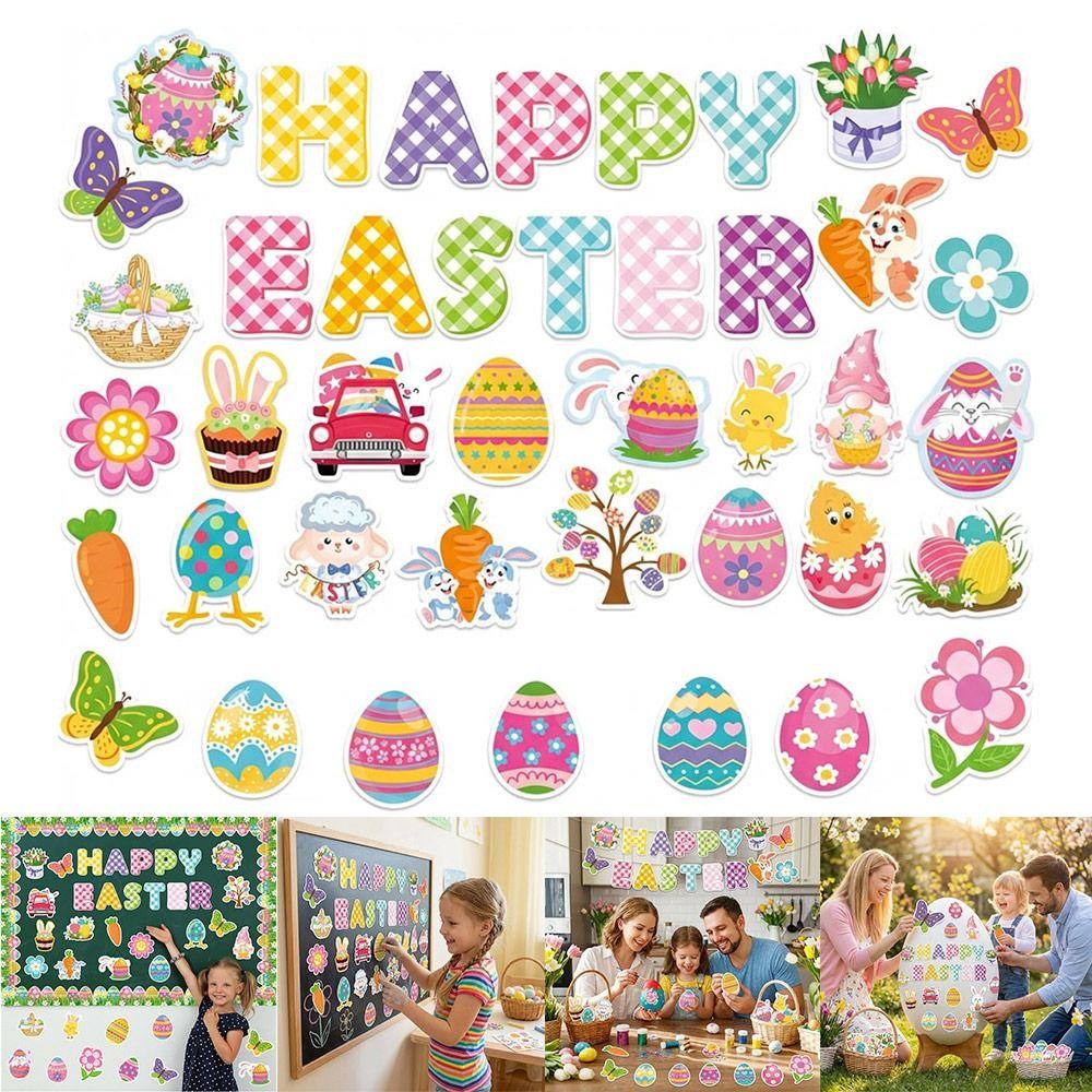 57PCS Cartoon Easter Decoration Paper Multicolor Easter Eggs Cards Flower Sheep Butterfly Bunny Chicken Wall Sticker
