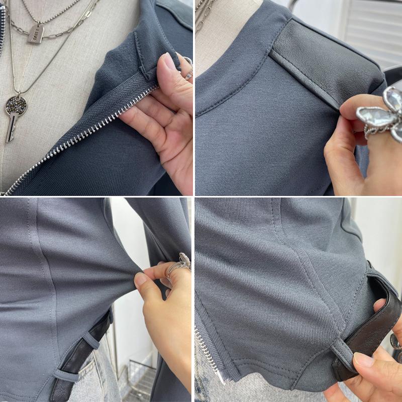 Herbst PU-Leder Patchwork Langarm Reißverschluss Strickjacke Fleece Oberteil 2797