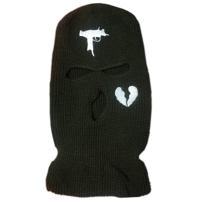 3-Hole Solid Color Embroidered Balaclava Knit Hat Face Mask Neck Gaiter Windproof Warm for Spring Fall Winter Daily Wear