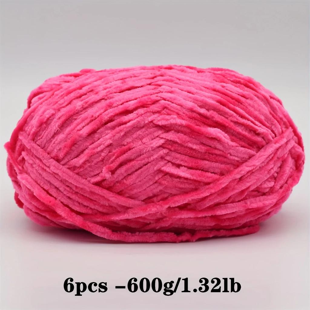 6-Pack Soft Chenille Velvet Yarn, 100g Each, 100% Polyester, Assorted Colors, for Crocheting Sweaters, Coats and DIY Crafts