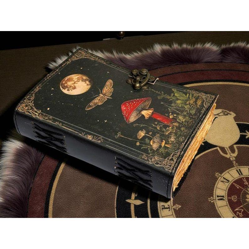 Grimoire Vintage Mushroom leather journal, Handmade Antique Deckle Edge Paper Spell Book of Shadows Journal for gifts
