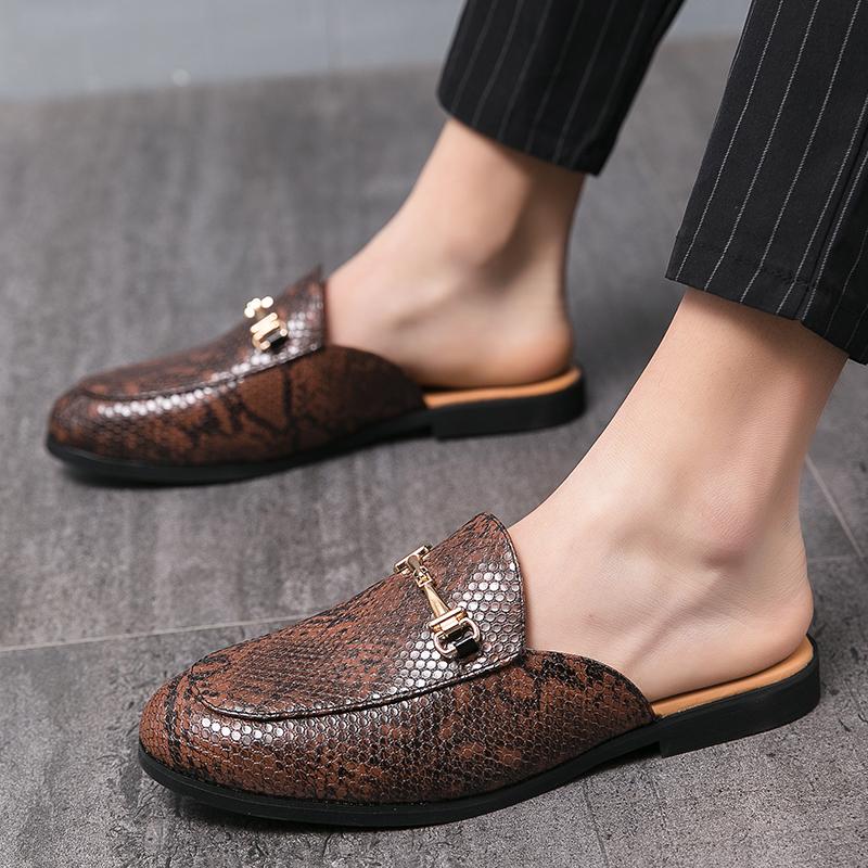 Summer Half Shoes For Men Leather Backless Semi-Drag Casual Shoes Men's Loafers Slippers Mules Open-back Sandals Slip-On Flats