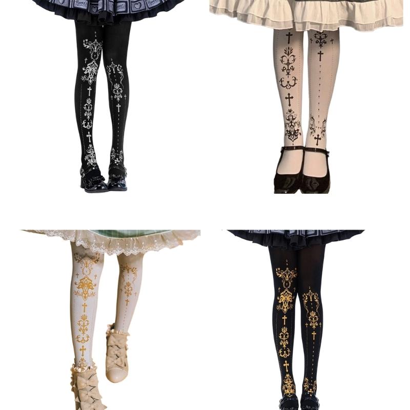 Women's Japanese Gothic Grunge Pantyhose Stockings Harajuku Aesthetic Crosses Print Opaque Tights Leggings Hosiery