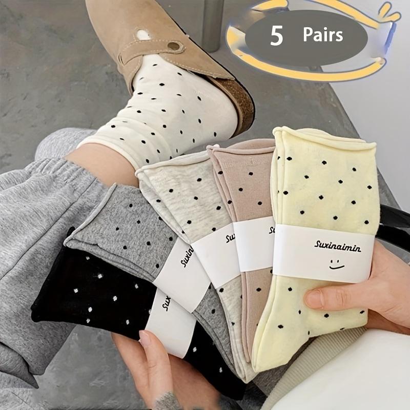 5-Pair Mixed Color Mid-Calf Socks - JM - Simple, Comfortable, Fashionable, and Versatile Polka Dot Socks One-size