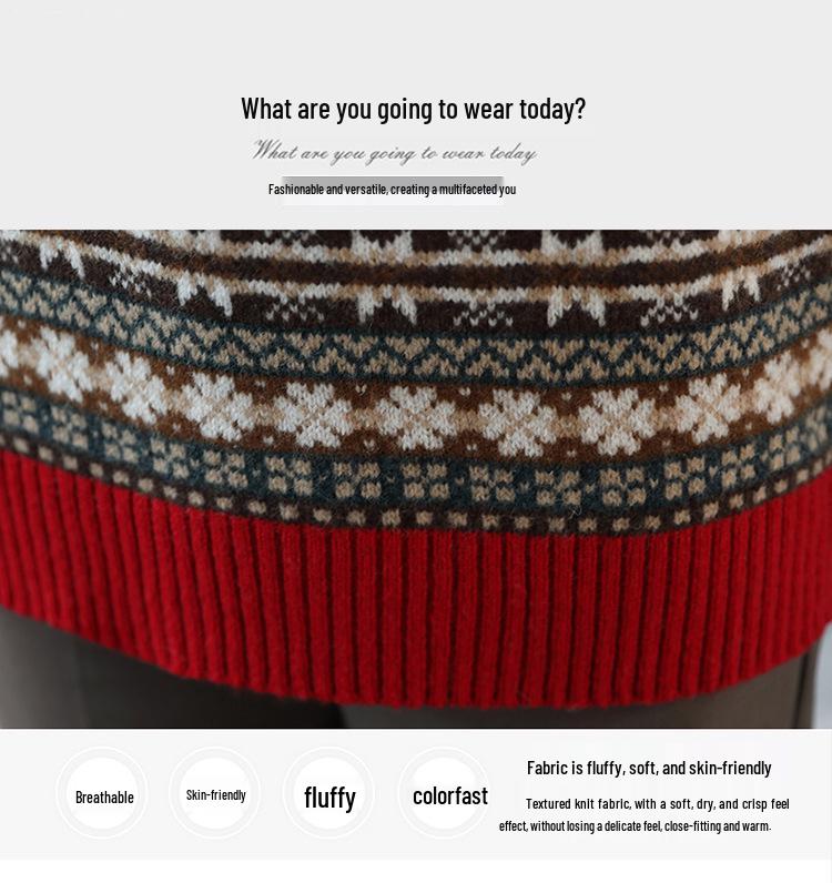 Women's Jacquard Pure Wool Sweater - Thickened Half-High Collar, Long Sleeve, Loose Knit - Autumn/Winter Fashion