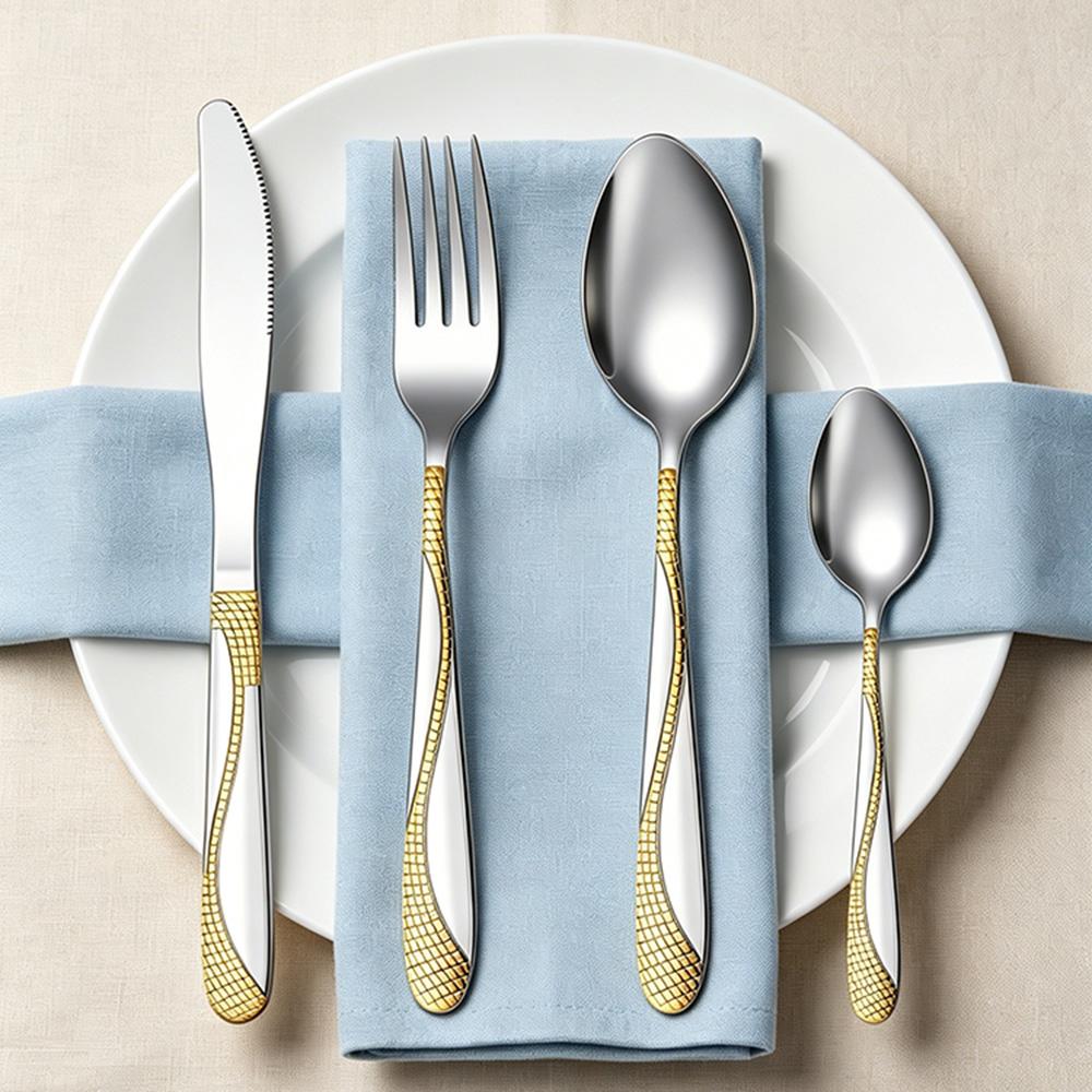4Pcs Silver Gold Stainless Steel Tableware with Dinner Knife Dinner Fork Soup Spoon Tea Spoon Delicate Household Tableware