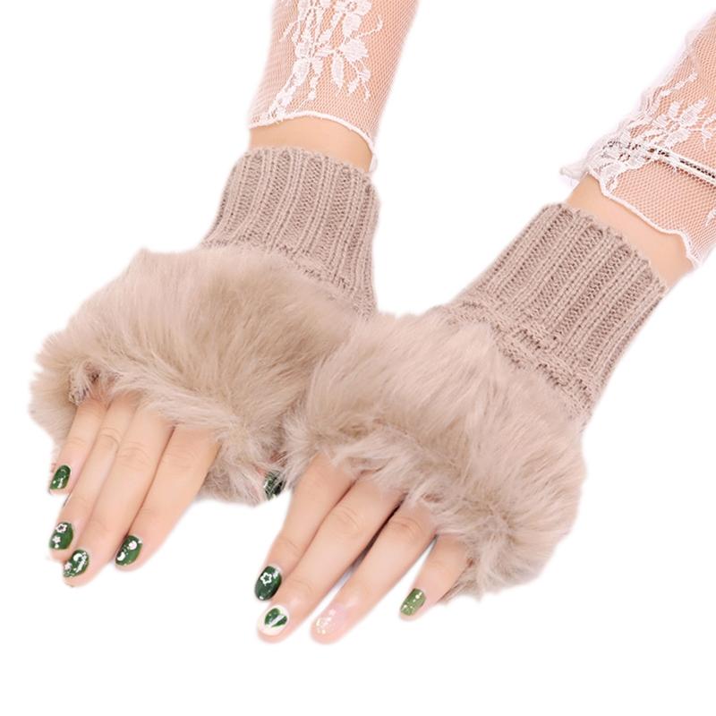 

Women Half Finger Gloves Winter Stretchy Knit Plush Trim Fingerless Gloves Acrylic Short Hand Warmer with Thumb Hole