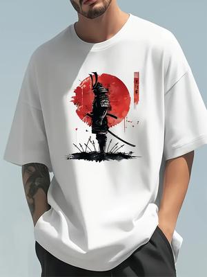 Round-neck Casual Japanese Samurai Print Casual Short-sleeved 100% Cotton Summer Men's T-shirt
