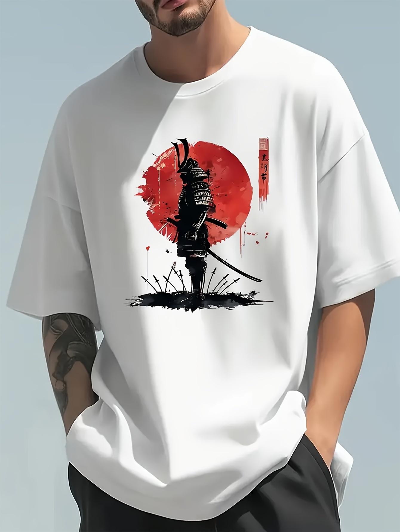 

Men s summer fashion casual loose Japanese samurai pattern printed round neck short sleeved T-shirt top - Men s Summer Cotton... S разноцветный