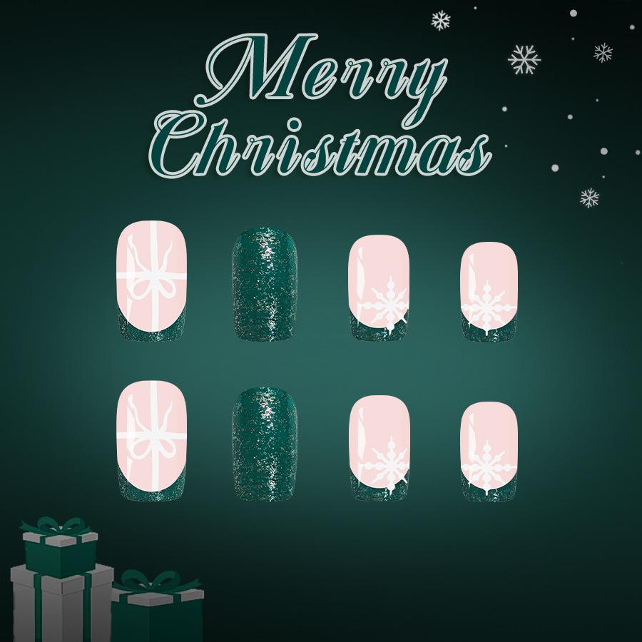 24Pcs Christmas Green French Tip Glitter Press On Nails Short Square Coffin Xmas Gift for Women 2026 Holiday Party Nail Art