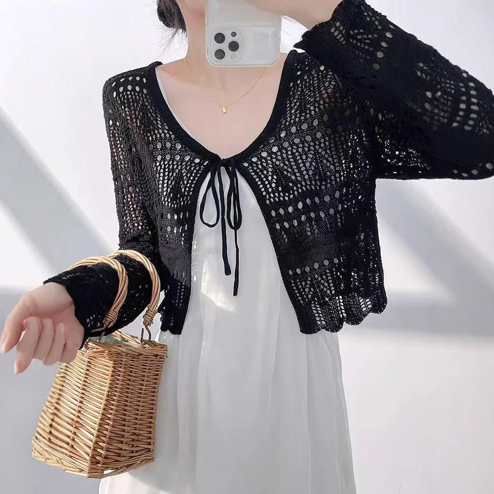 Fresh and Thin Lace-up Short Blouse Top Women's French Design Hollow Crochet Knitted Sweater