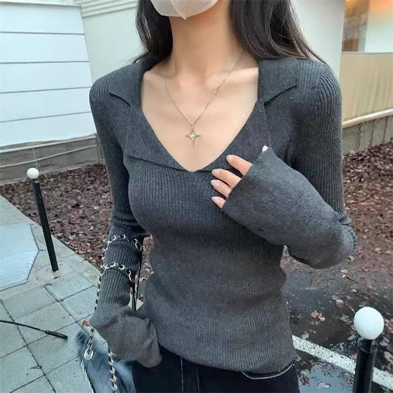 Polo Lapel Knitted Inner Sweater Women's Autumn and Winter New Slim and Thin Versatile Long-sleeved Bottoming Shirt Top