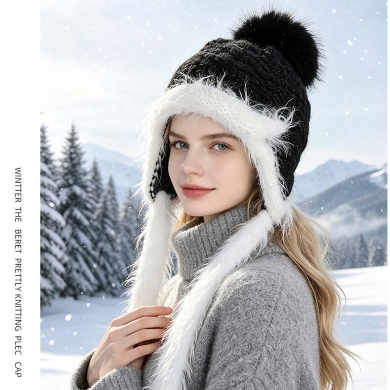Fluffy Knit Trapper Hat Women Winter Warm Ear Flap Beanie with Pom Pom Soft Furry Ski Cap