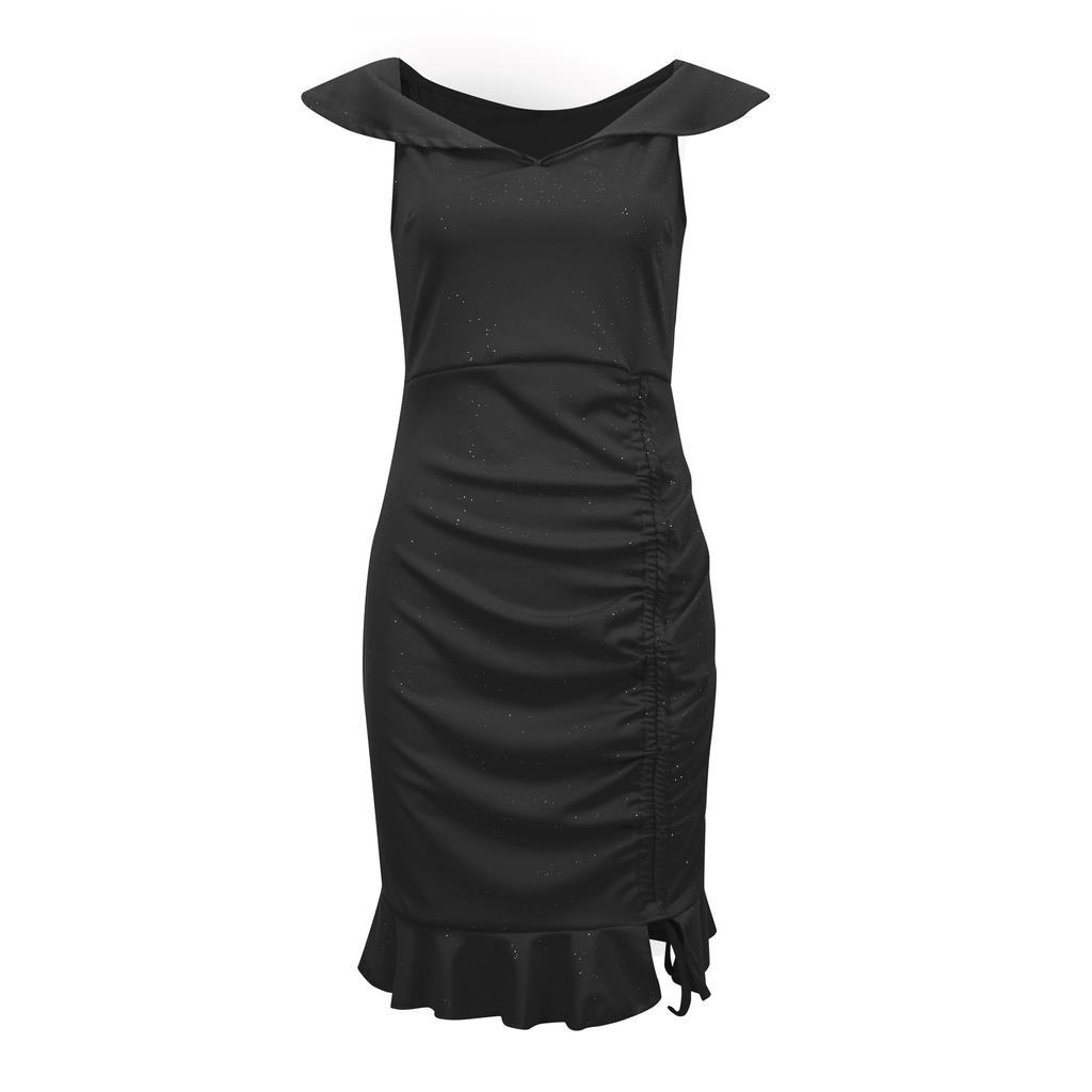 Women's Off Shoulder Temperament Draped Powder Pleated Slim Pullover Dress