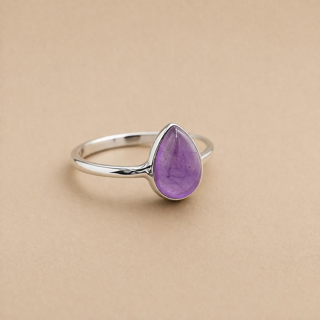Purple Amethyst Pear Shape Statement Ring 7x10mm, 925 Sterling Silver Ring, Handmade Boho Jewelry for Women