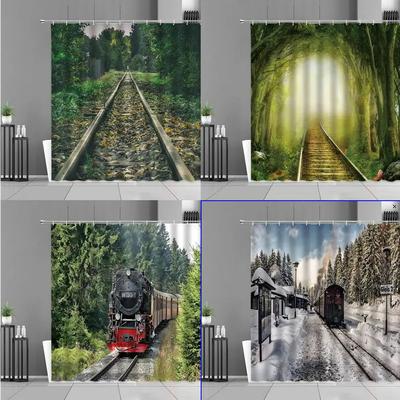 Train Railway Printing Shower Curtain Waterproof Bathroom Screen Ornaments Shower Curtain Home Decoration Background Curtains