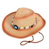 Women Men Bead Belt Straw Cowgirl Hat Retro Wide Brim Western Cap with Windproof Rope Outdoor UV Protection Jazz Hats