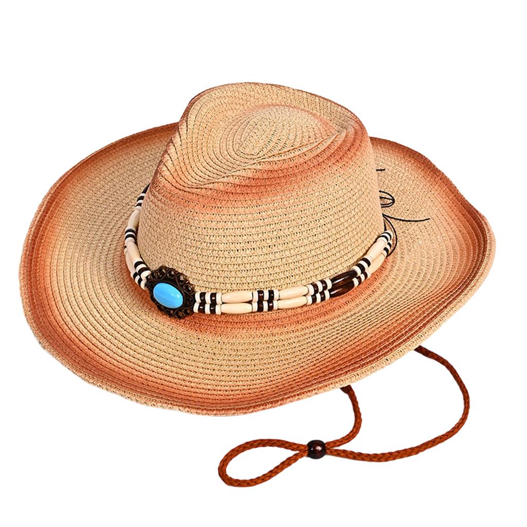 Women Men Bead Belt Straw Cowgirl Hat Retro Wide Brim Western Cap with Windproof Rope Outdoor UV Protection Jazz Hats