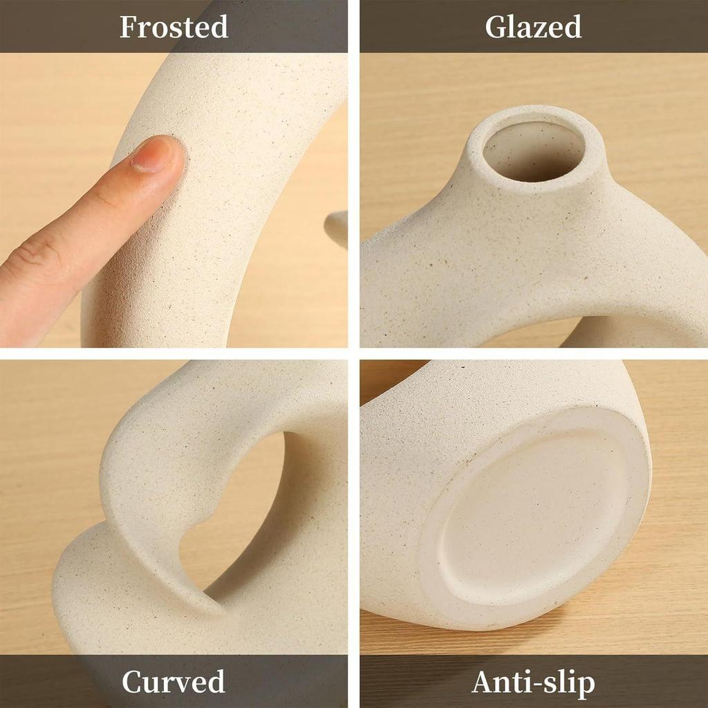 Unique White Ceramic Donut Vase 8.5 & 5.7 Inch - Set of 2 | Decorative Donut Vase for Dried Flowers & Pampas Grass