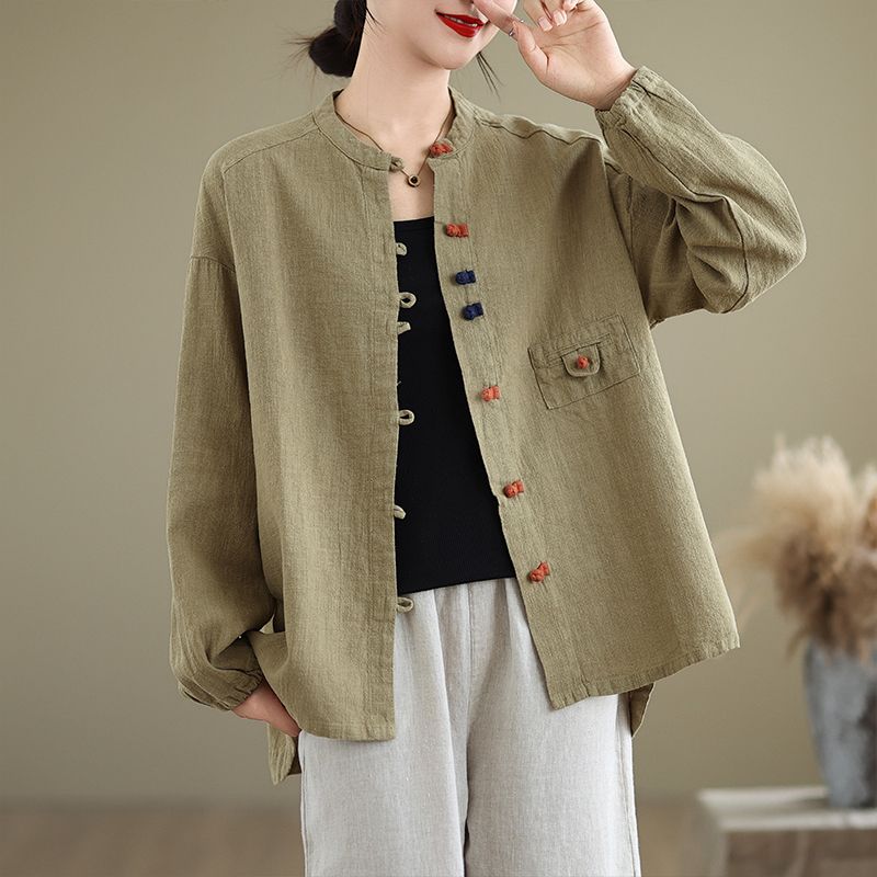 Women s Khaki Linen Mandarin Collar Colorful Frog Button Long Sleeve Casual Jacket M зелёный